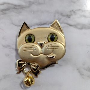 Large Cat Brooch Gold Tone Whimsie with Bell stamped Razza Tongue sticking out